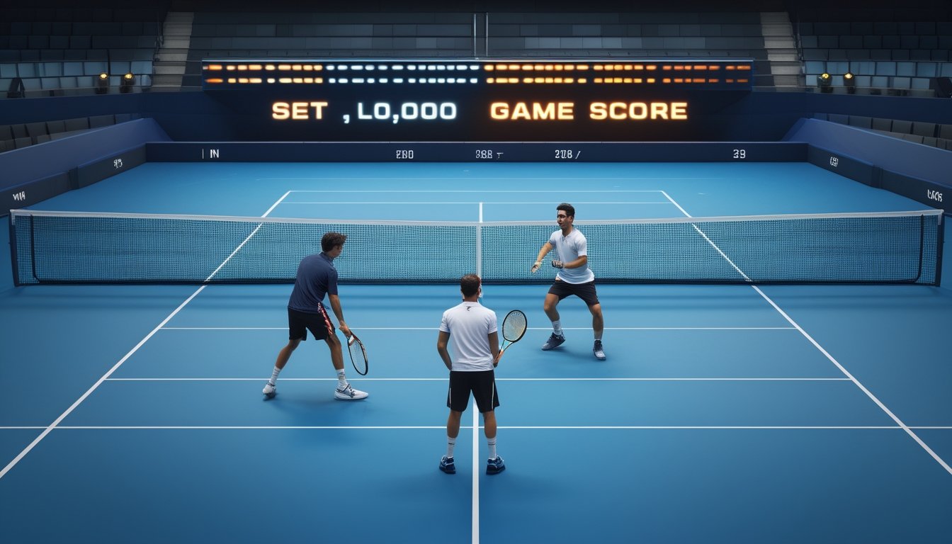 Dua pemain tenis bertanding di lapangan dengan papan skor di latar belakang.