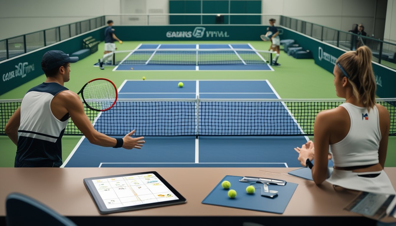 Pemain tenis pria dan wanita bertanding di lapangan, sementara seorang analis mengamati pertandingan dengan tablet dan bola tenis.