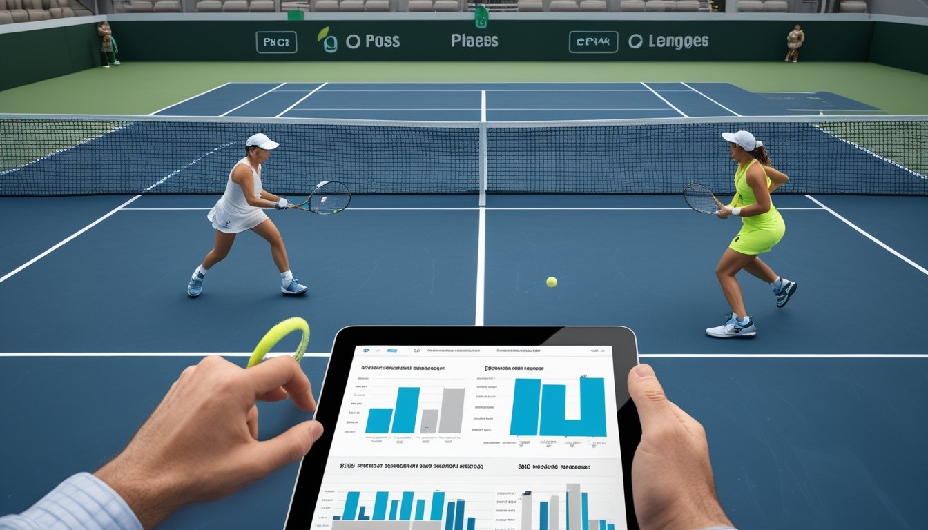 Dua pemain tenis bertanding sementara seorang analis meninjau statistik pertandingan.