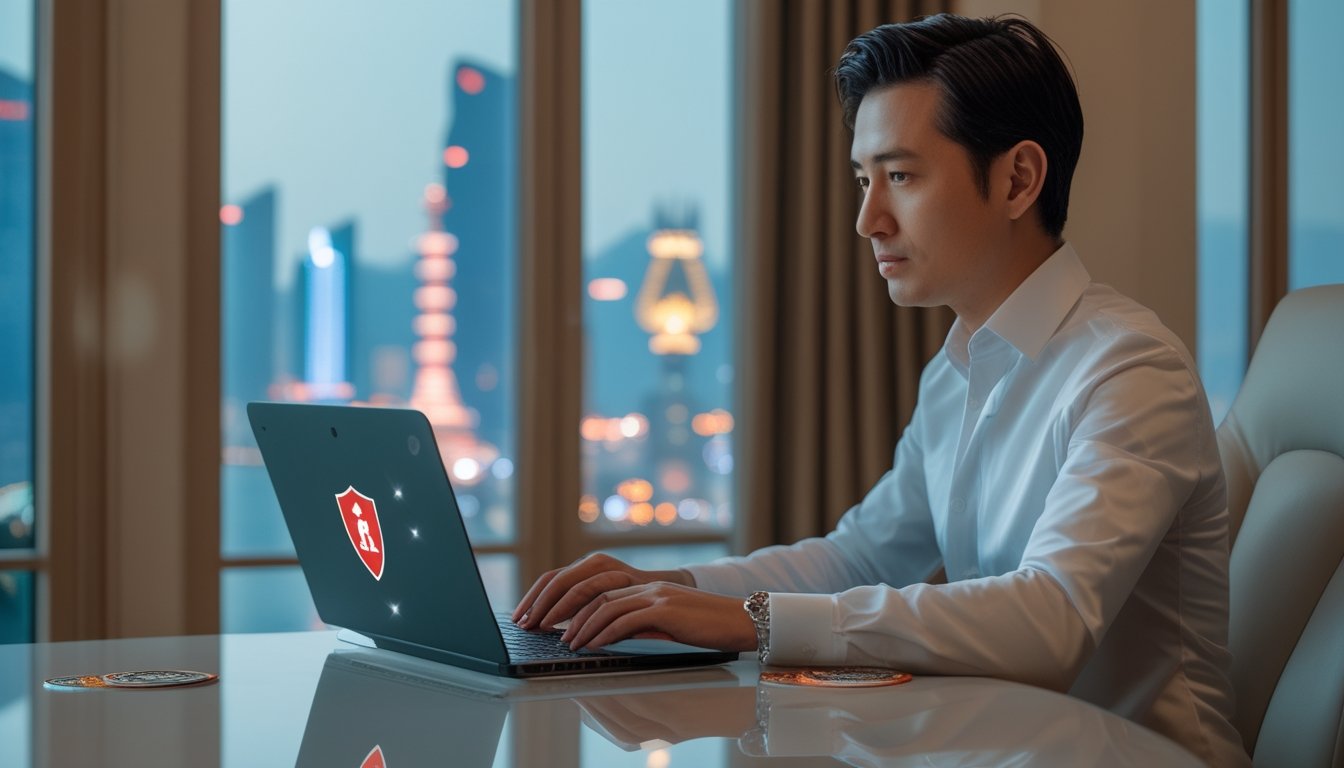 Seorang profesional menggunakan laptop di depan pemandangan kota bernuansa Makau.