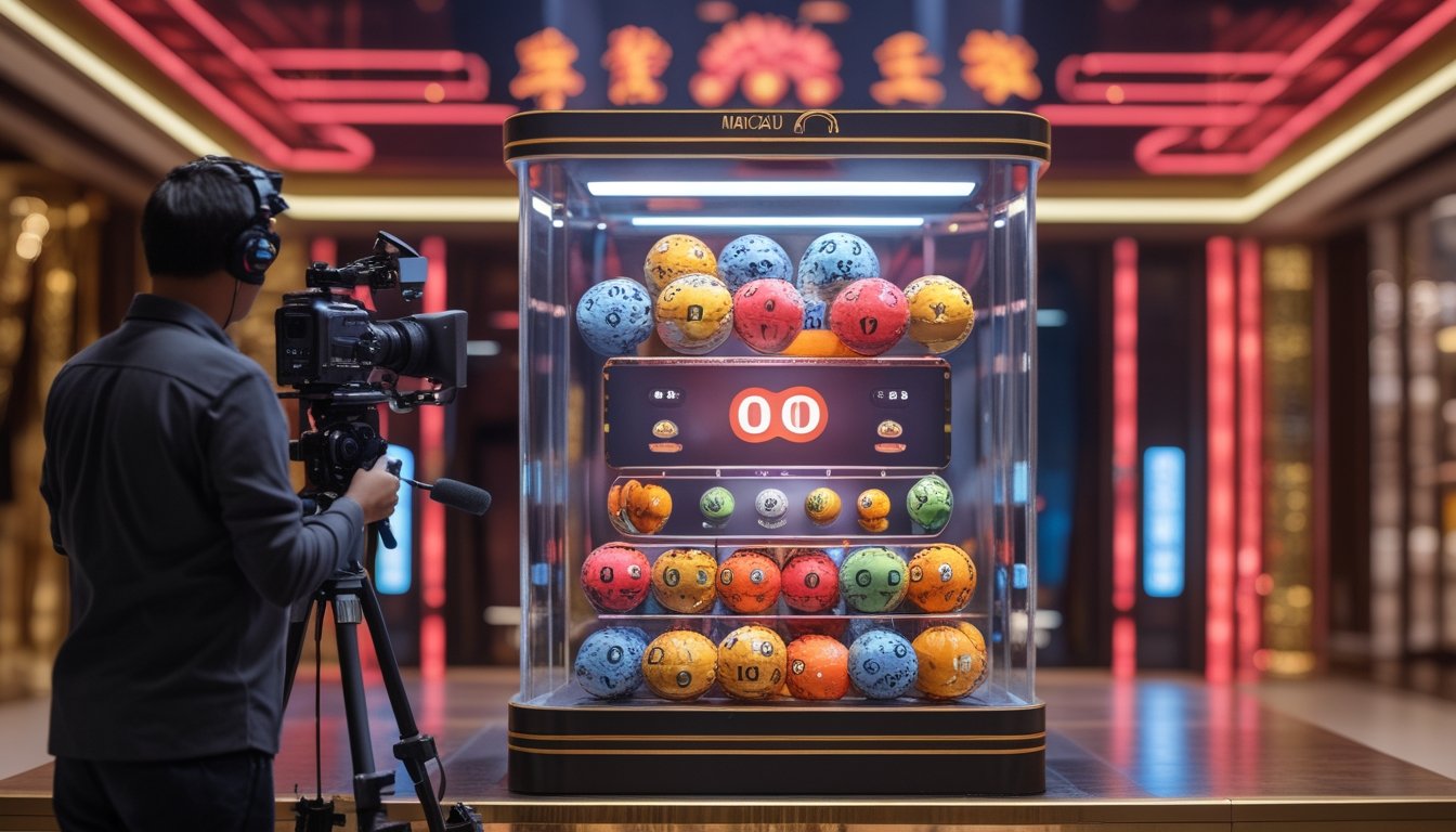 Mesin undian berisi bola warna-warni sedang direkam di sebuah studio dengan nuansa Macau.