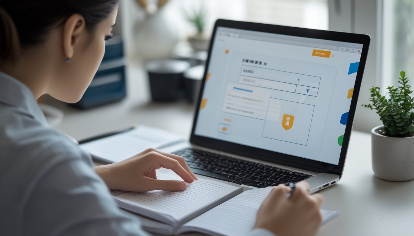 Seseorang memeriksa situs web di laptop sambil membandingkannya dengan ponsel dan mencatat informasi di buku.