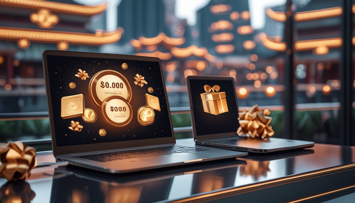 Laptop dan ponsel menampilkan ikon diskon dan hadiah dengan latar kota bernuansa Macau.