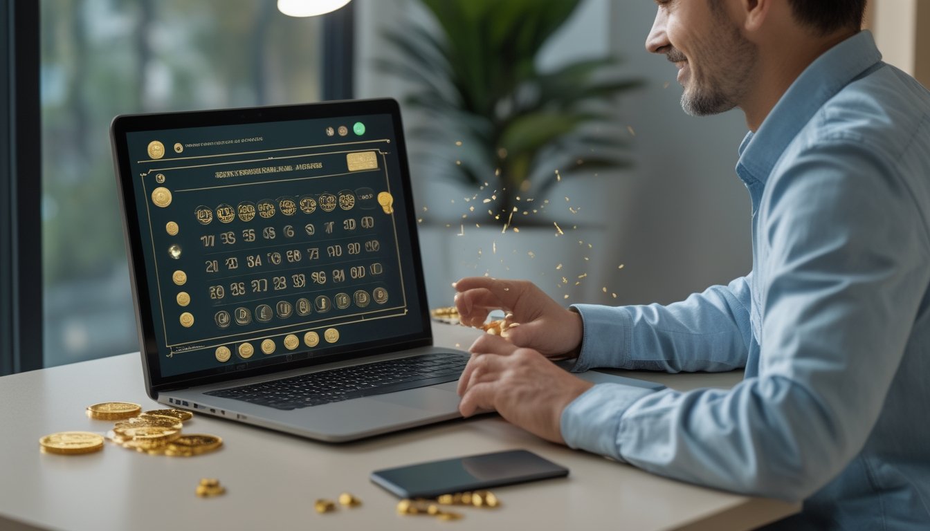 Seseorang melihat permainan angka di laptop dengan ponsel dan simbol pembayaran di meja.