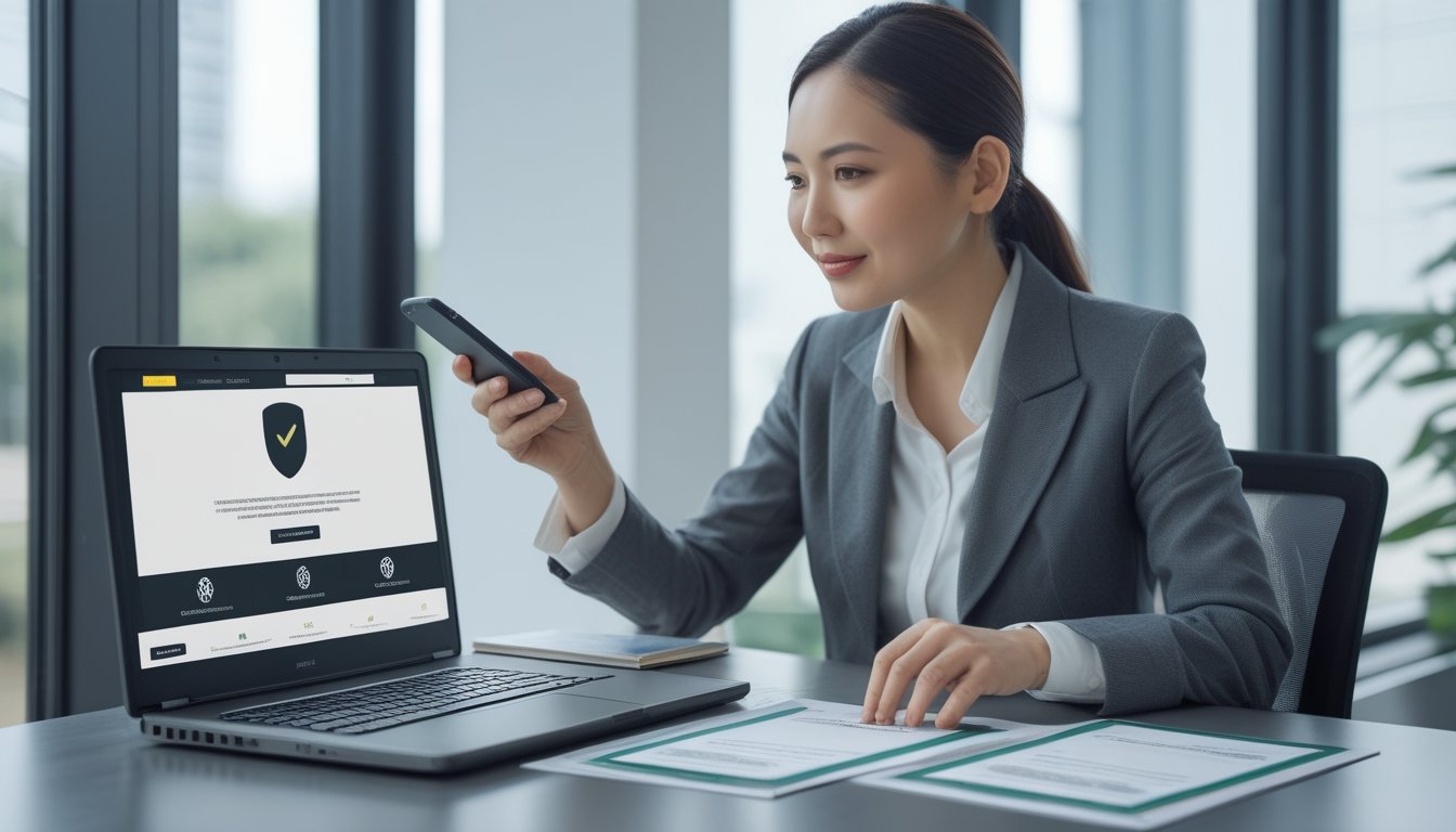 Seorang profesional memeriksa dokumen dan situs operator daring di laptop.