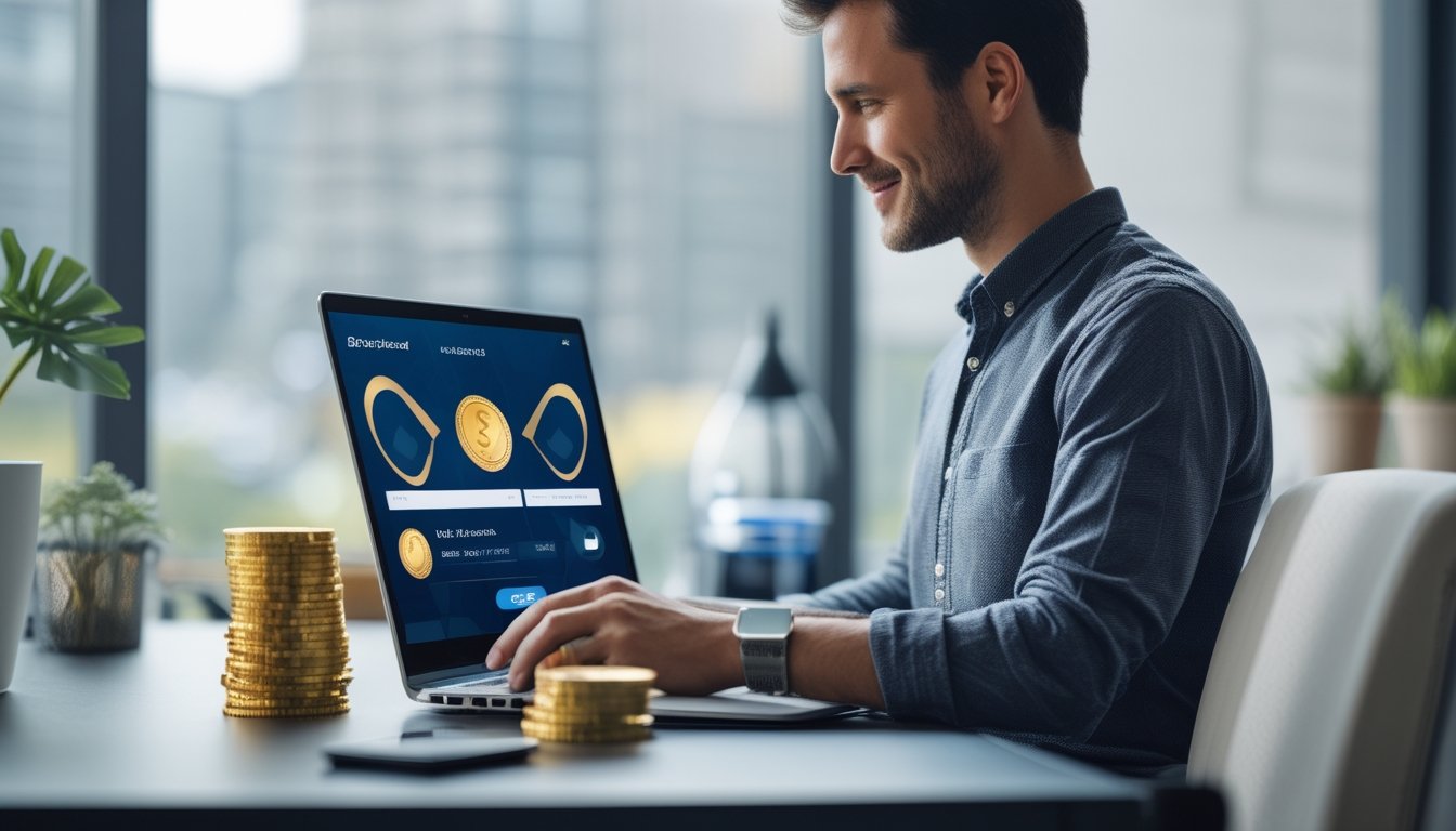 Seseorang menggunakan laptop di meja dengan hadiah dan token emas di sampingnya.