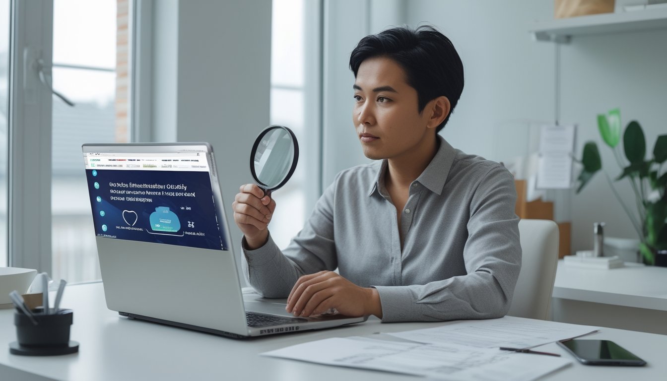 Seseorang memeriksa penawaran promosi di laptop sambil melihat ponsel dan catatan.