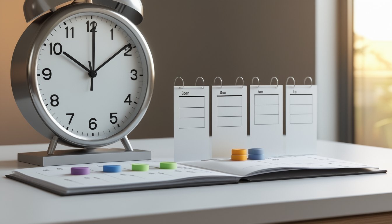 Jam analog dan enam penanda tersusun di samping agenda harian kosong.