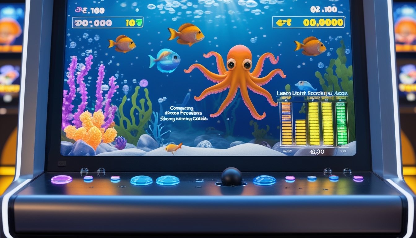 Layar permainan arcade bertema bawah laut dengan ikan tropis dan konsol permainan.