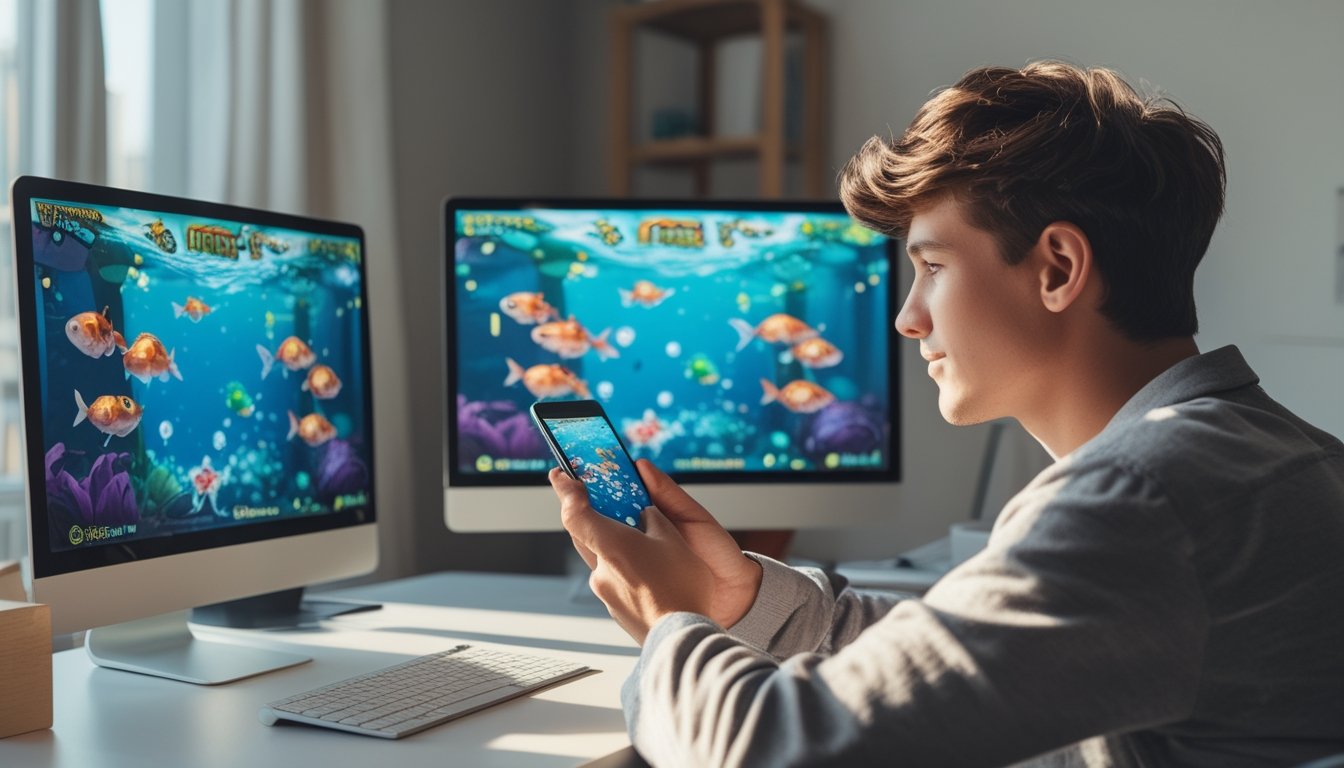 Seseorang membandingkan permainan ikan bawah laut di ponsel Android dan komputer.