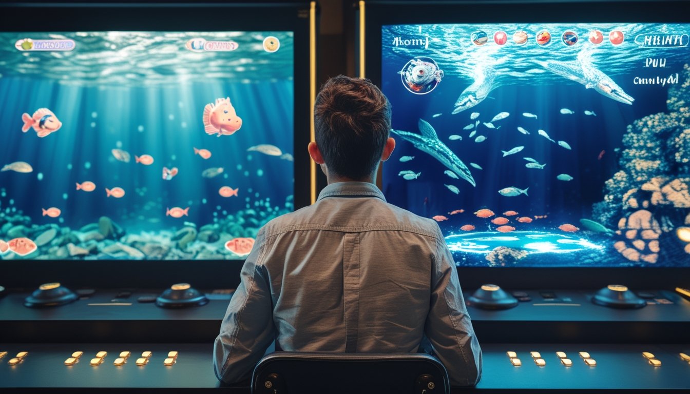 Seseorang membandingkan permainan tembak ikan klasik dan modern di dua layar arcade.