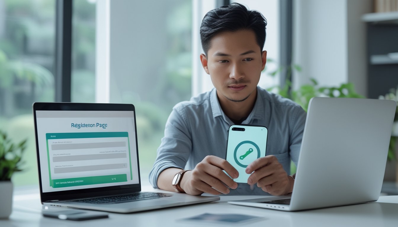 Seseorang memeriksa halaman pendaftaran di laptop sambil melihat ponsel dan daftar centang.
