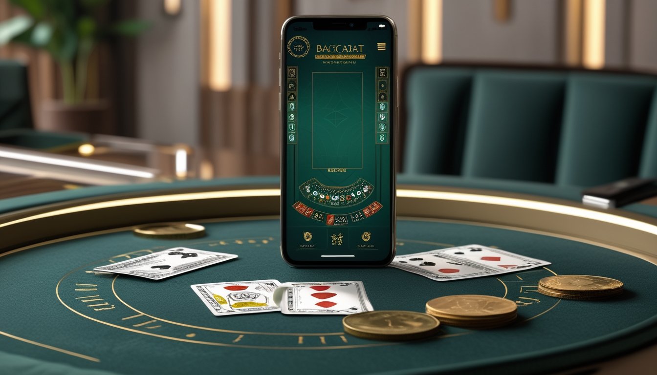 Ponsel menampilkan permainan baccarat di dekat uang rupiah dan perlengkapan pembayaran.