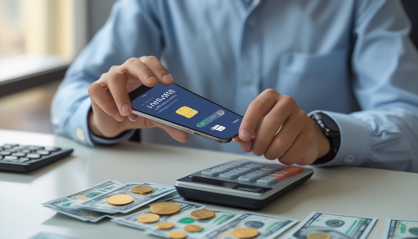 Seseorang membandingkan ponsel, kalkulator, dan uang rupiah di meja.