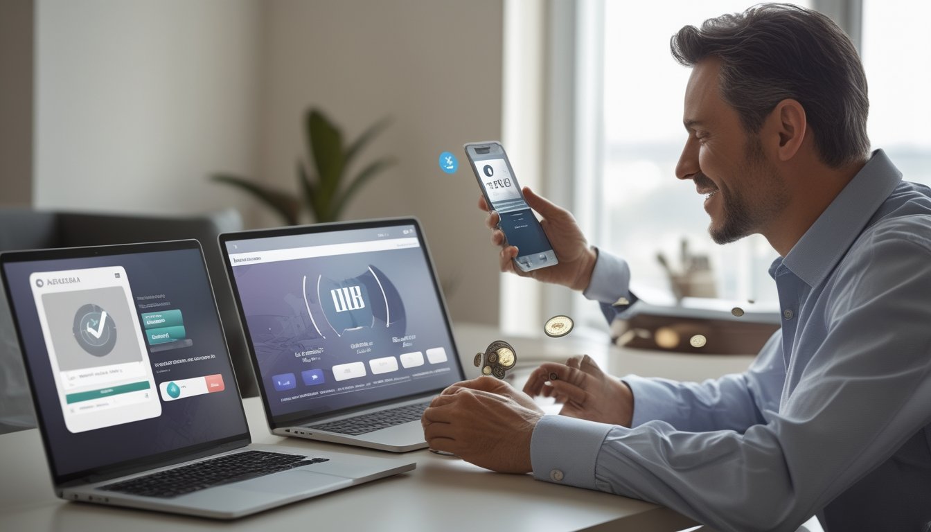 Seseorang memeriksa transaksi melalui ponsel di depan laptop yang menampilkan meja baccarat.