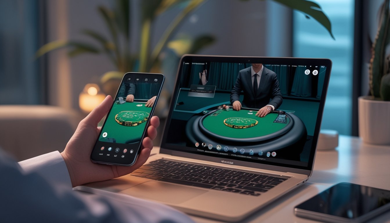 Seseorang memainkan baccarat langsung melalui ponsel di rumah.