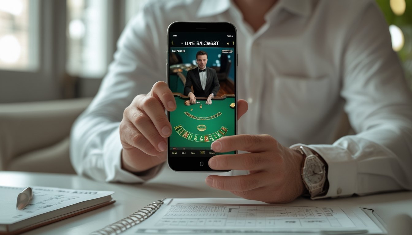 Seseorang membandingkan permainan baccarat langsung di ponsel sambil mencatat di meja.