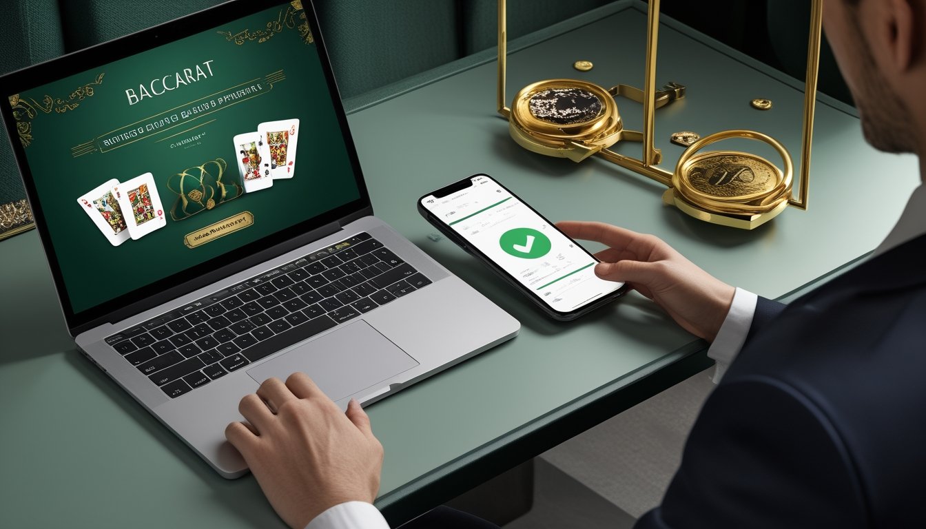 Seseorang menggunakan perangkat digital untuk bermain baccarat dan memindai kode QR untuk pembayaran.