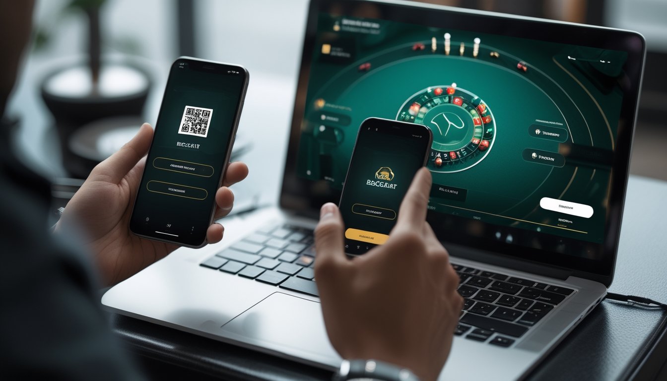 Seseorang memindai kode QR melalui ponsel di dekat laptop yang menampilkan meja baccarat.