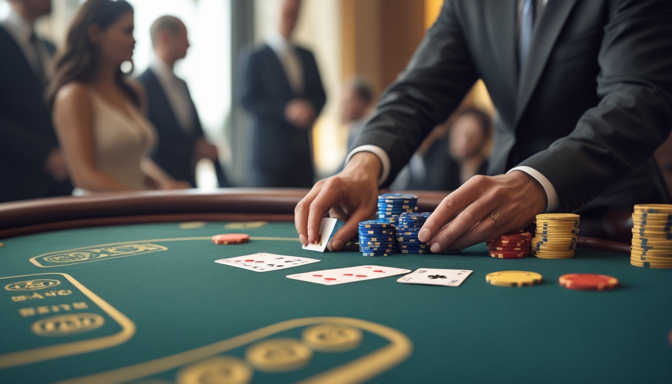 Seorang dealer menata kartu dan keping taruhan di meja baccarat sementara beberapa pemain mengamati.