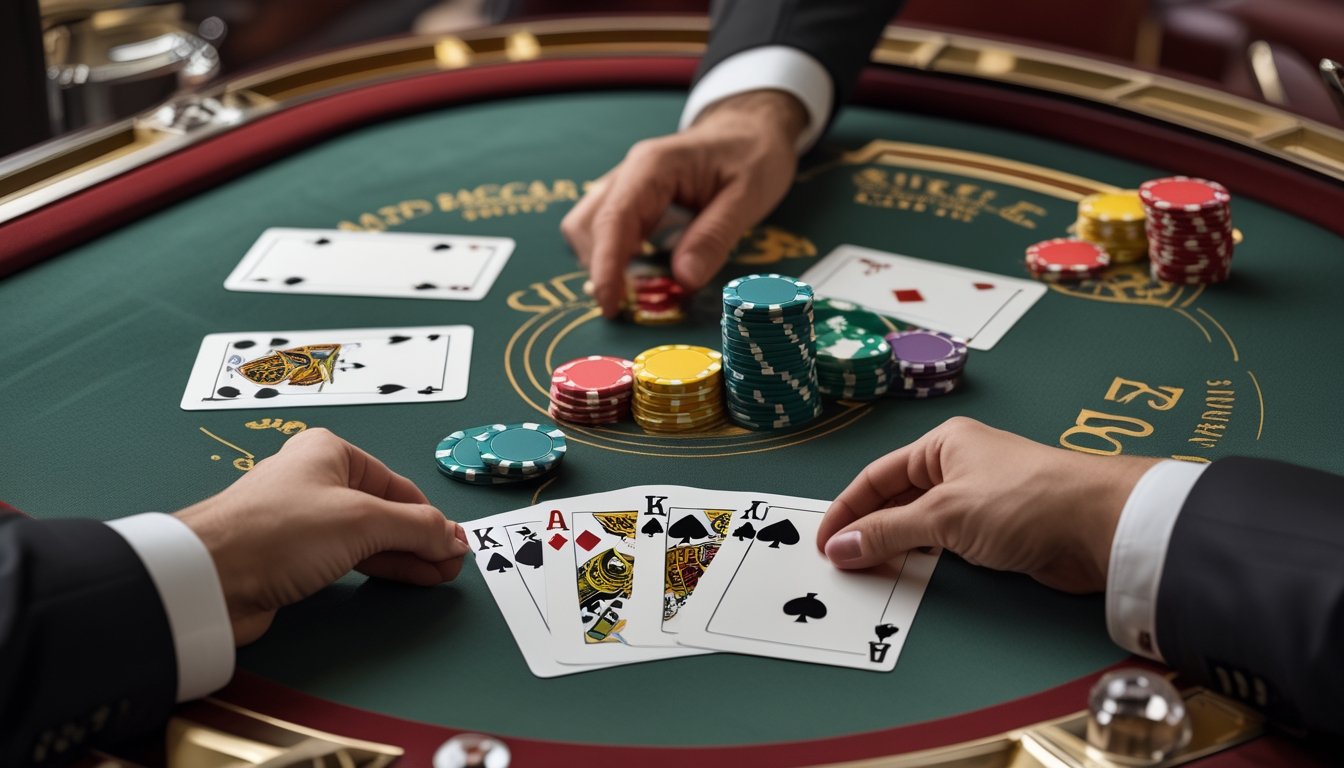 Kartu dan keping taruhan di meja baccarat dengan tangan dealer membagikan kartu.