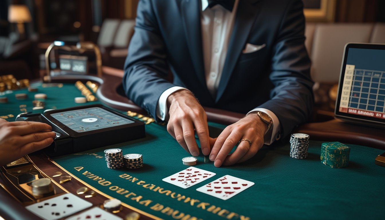 Seorang pemain duduk di meja baccarat dengan kartu, keping taruhan, dan hadiah kecil.