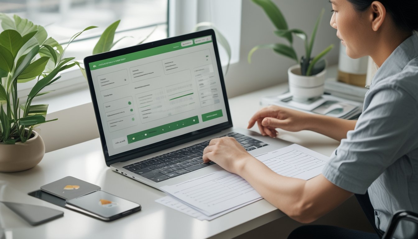 Seseorang memeriksa daftar persyaratan di meja dengan laptop, ponsel, dan kartu.