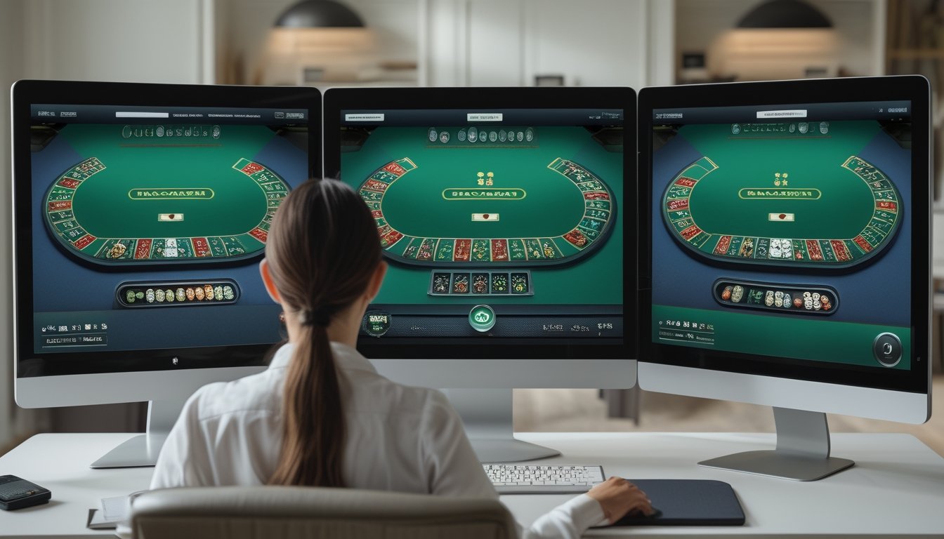 Seseorang melihat beberapa meja baccarat pada satu layar komputer.