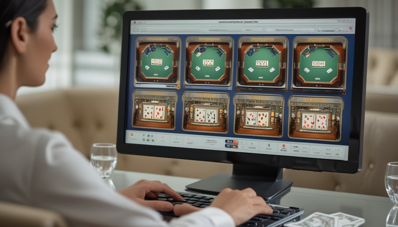 Seorang pemain melihat beberapa meja baccarat sekaligus pada layar laptop.