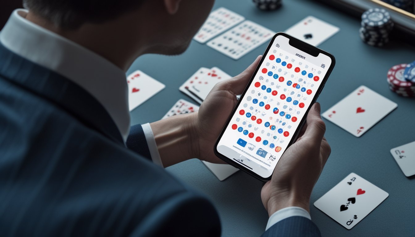 Seseorang melihat pola hasil baccarat pada layar ponsel di dekat kartu.