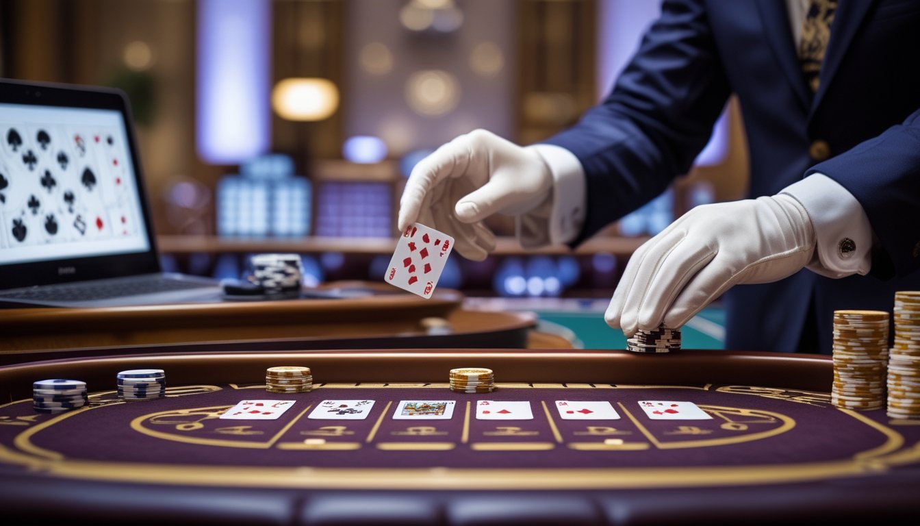 Meja baccarat dengan kartu, keping kasino, dan perangkat yang menampilkan permainan.