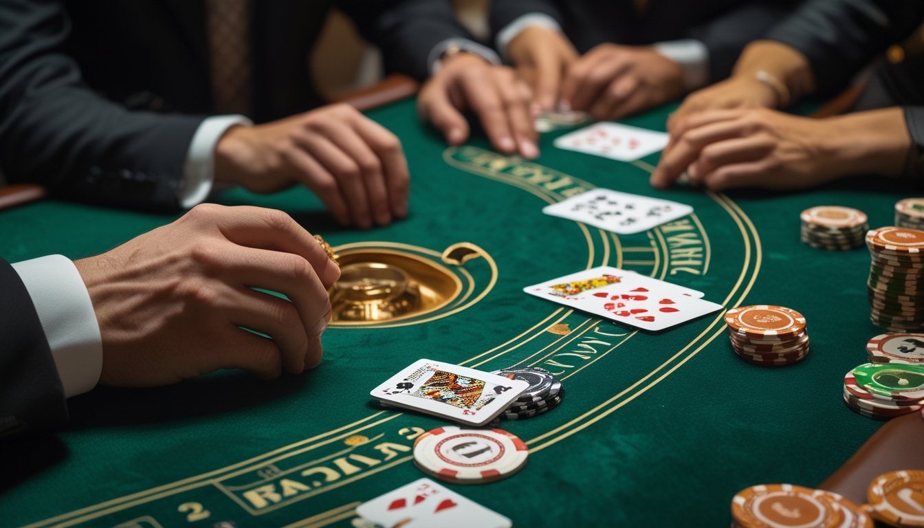Dealer dan pemain sedang bermain baccarat di meja dengan kartu dan tumpukan chip.