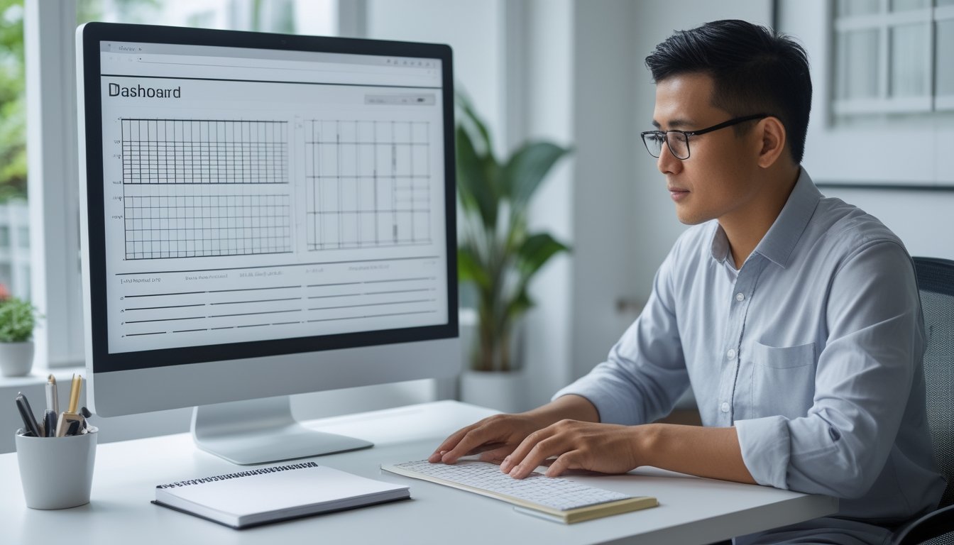 Seseorang mempelajari tampilan data angka di komputer sambil menyiapkan catatan.