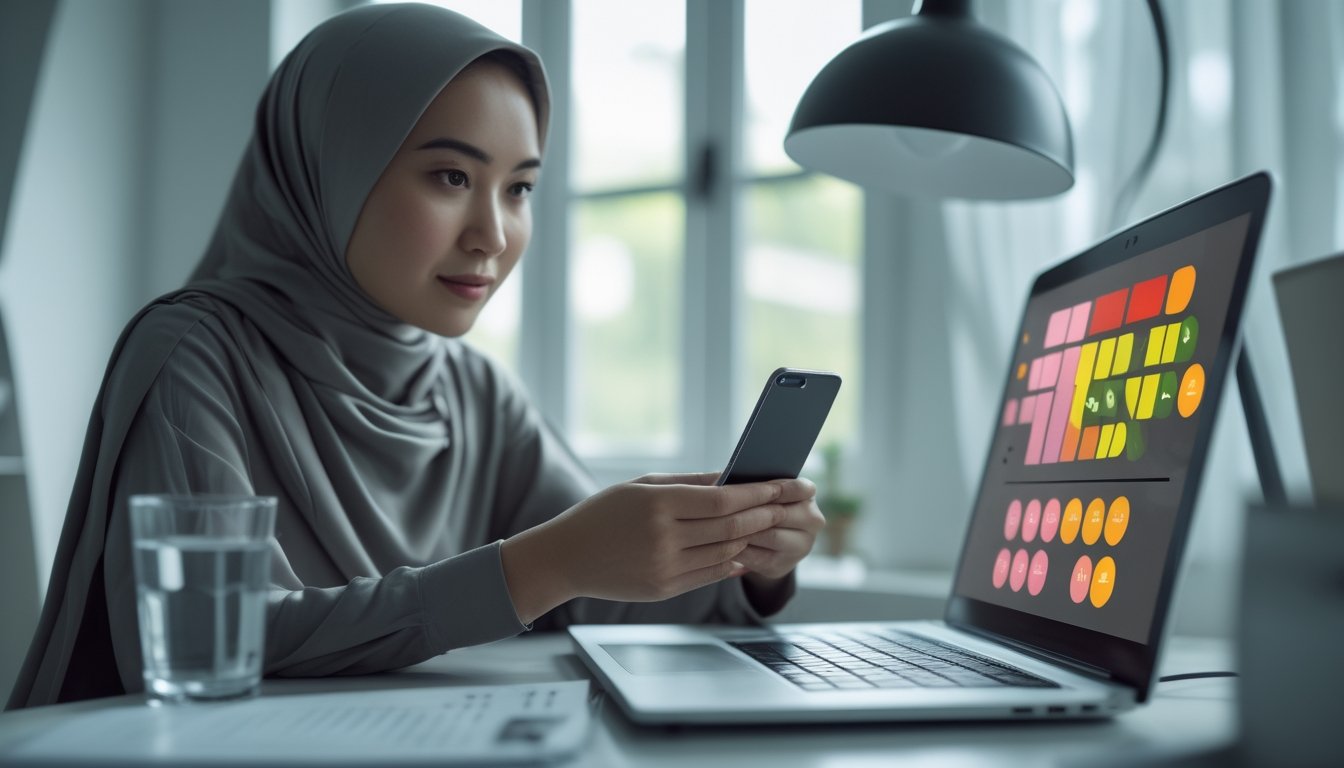 Seseorang memeriksa informasi pada laptop dan ponsel di meja kerja.