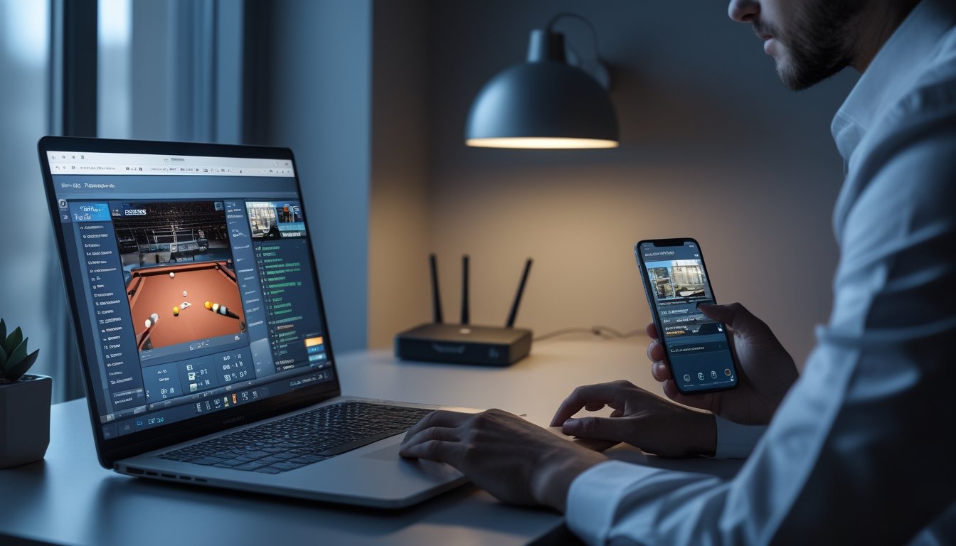 Seseorang menonton siaran pertandingan biliar melalui laptop dan ponsel di meja pada malam hari.