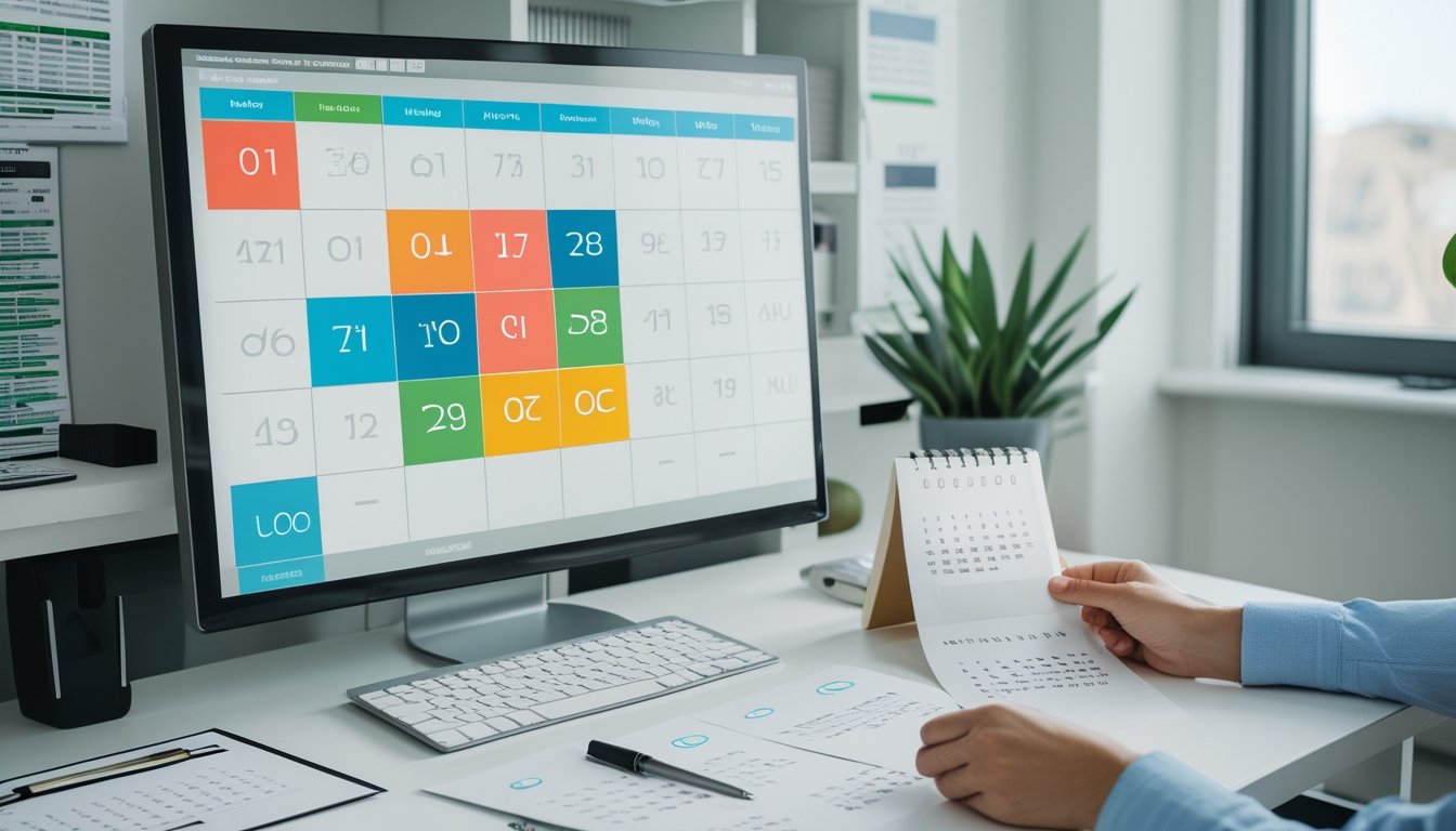 Seseorang meninjau lembar data dan kalender di meja kerja.