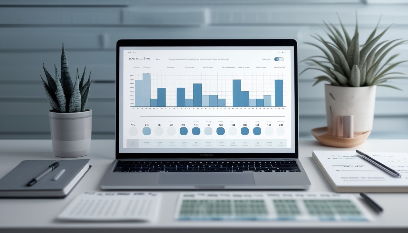 Laptop menampilkan grafik dan kalender di atas meja kerja.