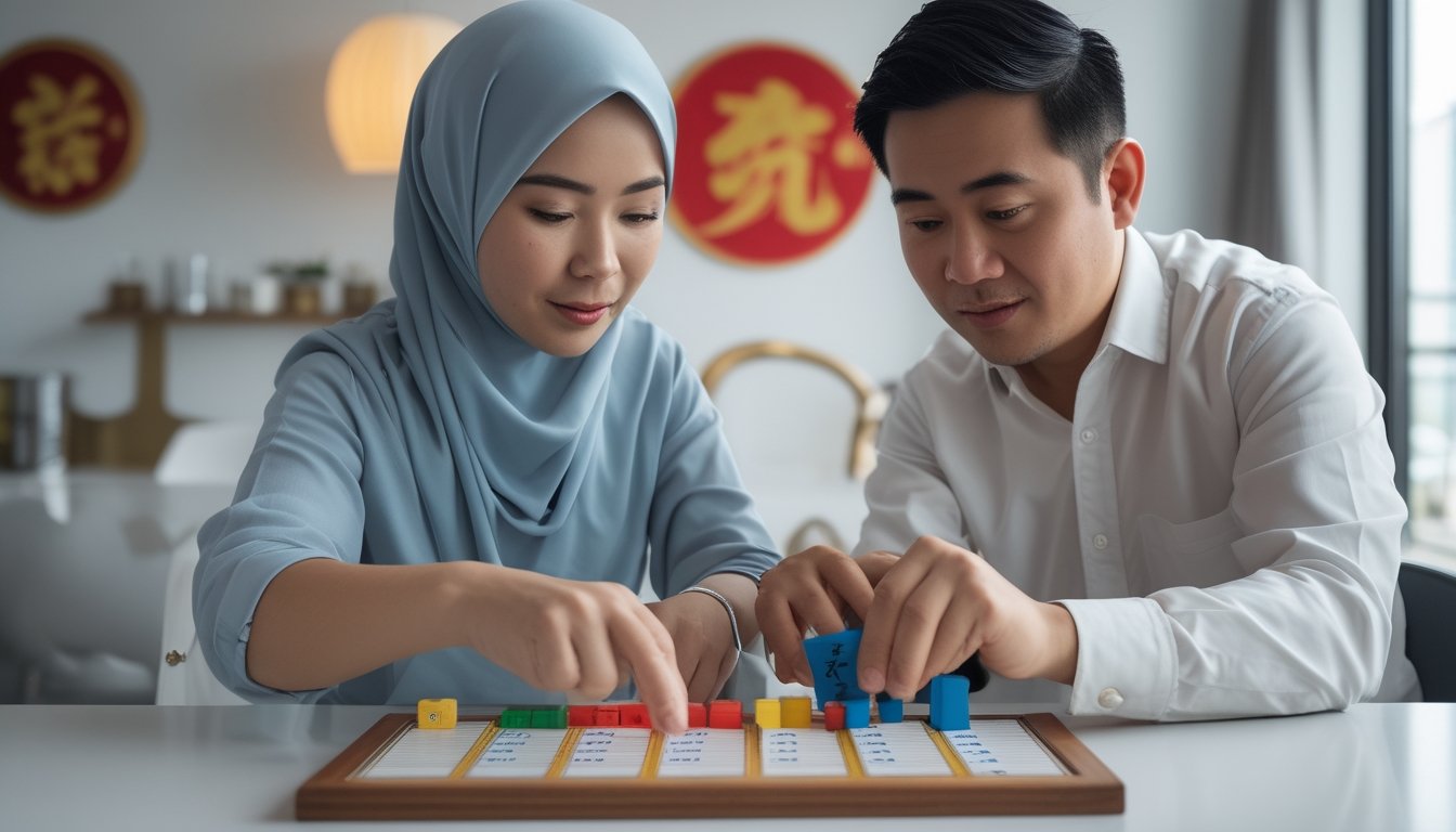 Seorang pemula belajar menyusun keping permainan bersama seorang instruktur di meja.