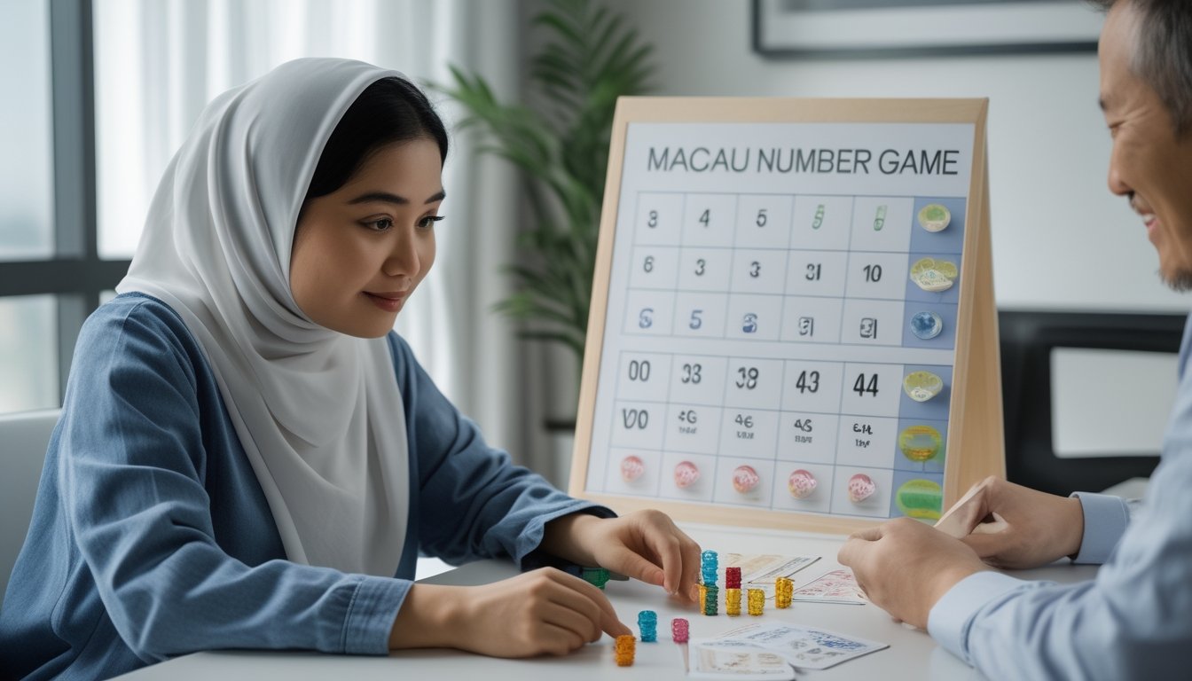 Seorang pemula belajar bersama instruktur di meja dengan kartu, token warna-warni, dan bagan sederhana.