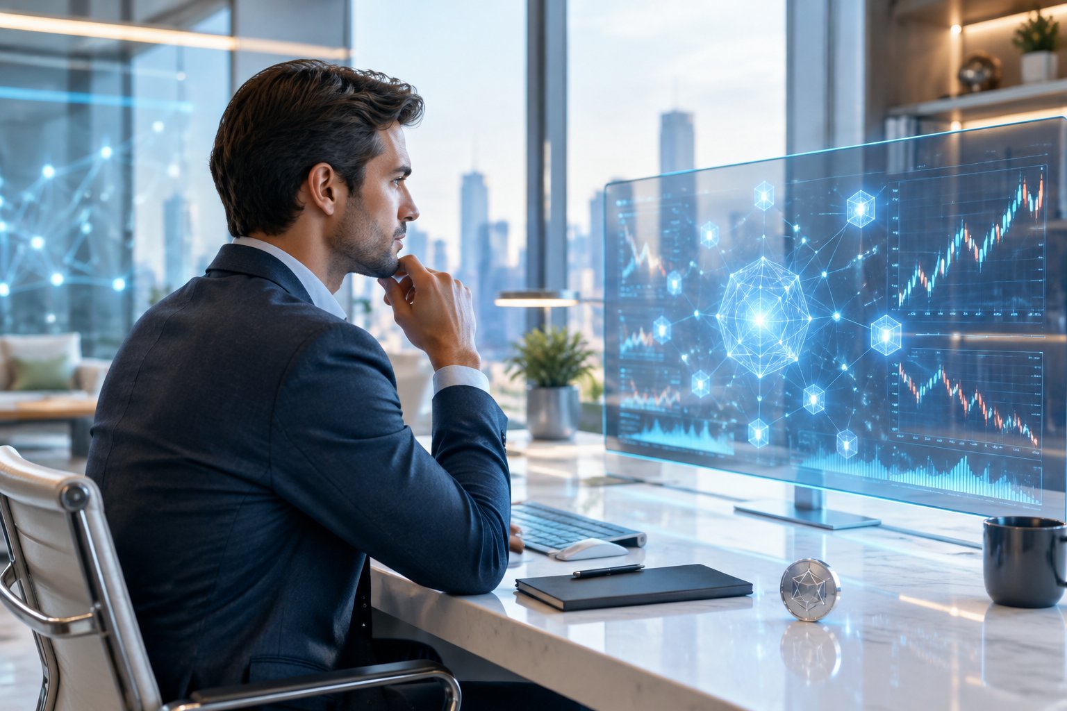 A financial analyst reviews digital market visualizations in a modern office.