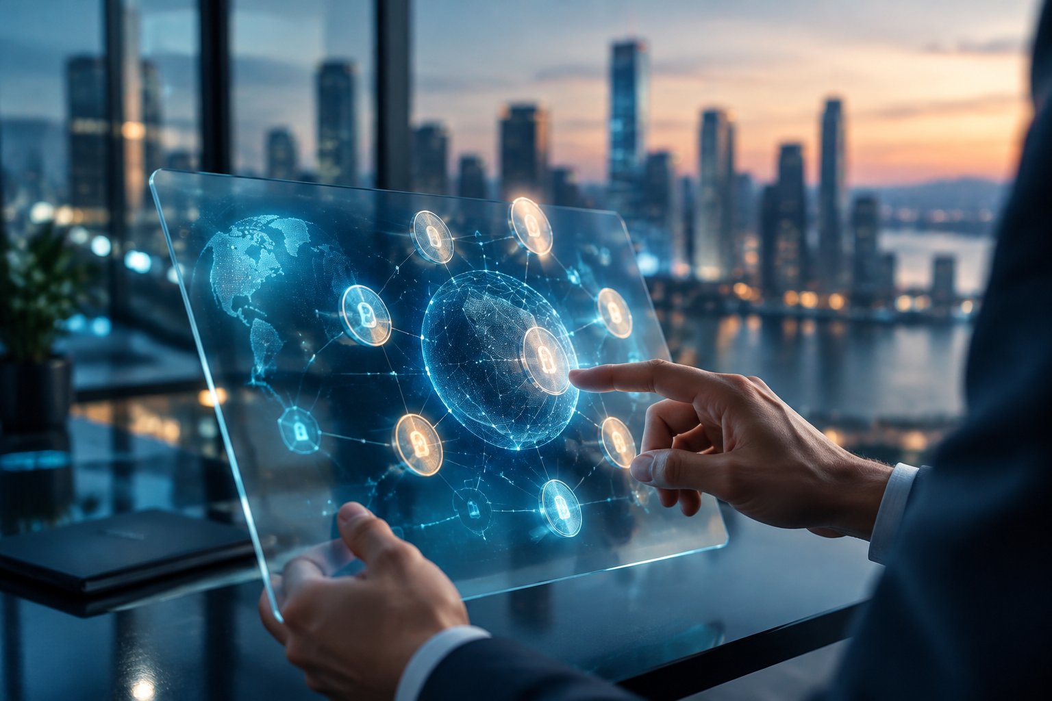 A person interacts with a digital financial interface against a city skyline.