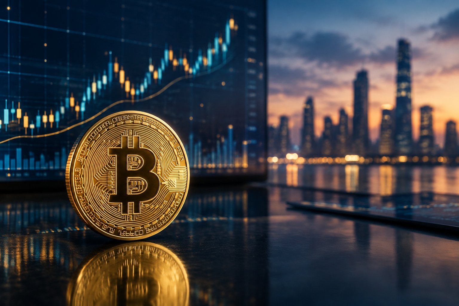 A golden Bitcoin coin sits before a softly blurred financial chart and city skyline.