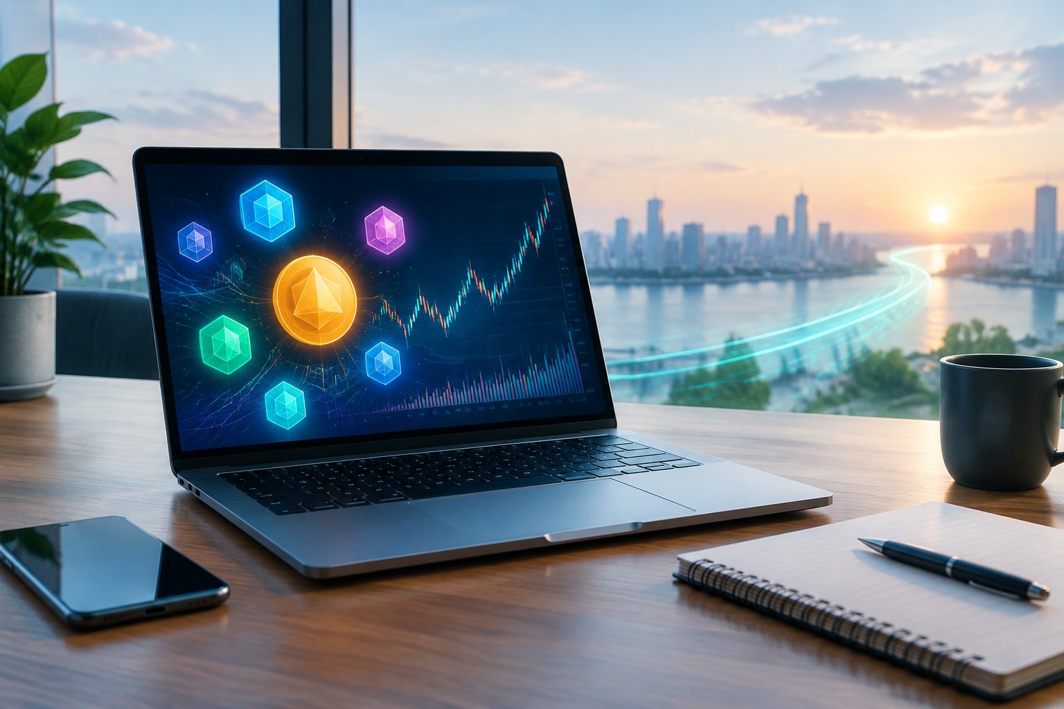 A financial analyst’s desk with a laptop showing cryptocurrency charts and several digital coin icons.