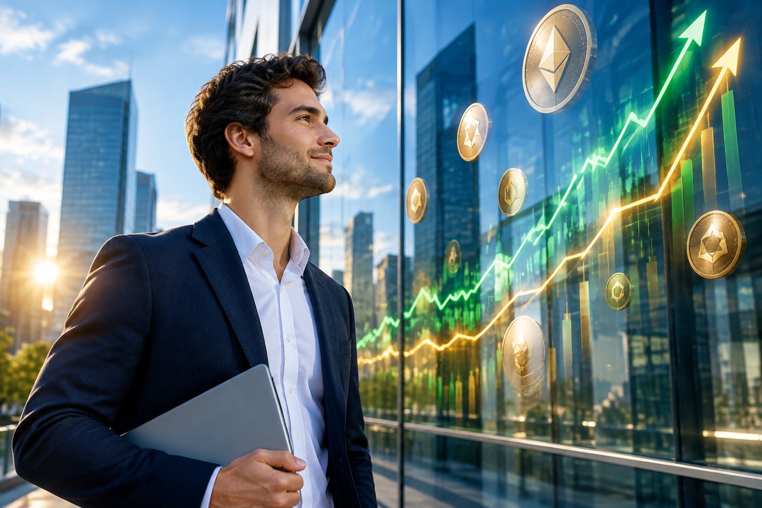 An investor looks at rising cryptocurrency market visuals in a modern financial district.