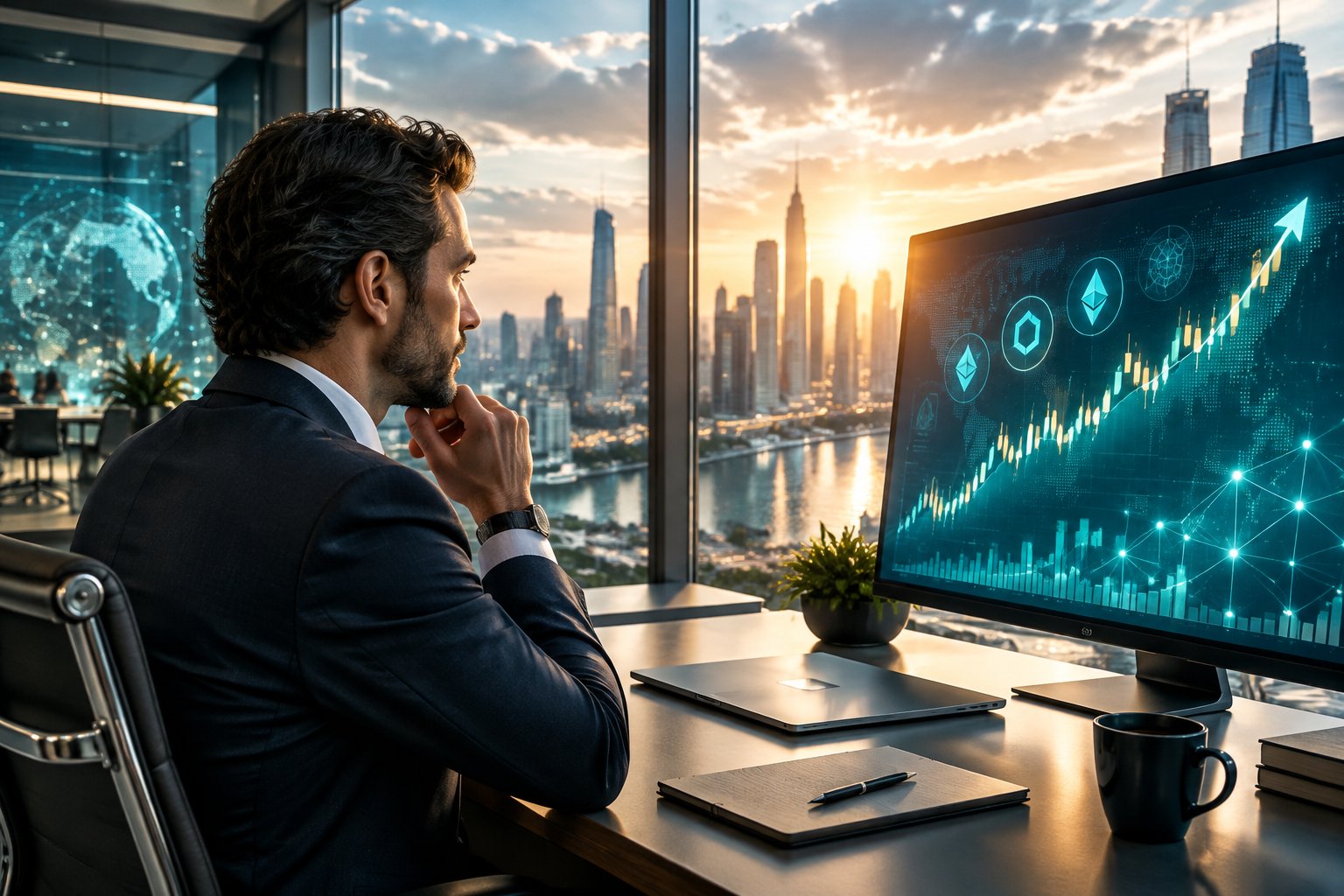 A financial analyst studies an upward-trending market chart in a modern office.