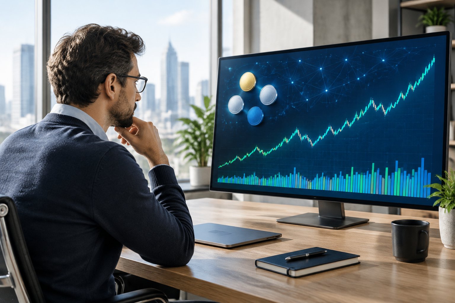 A financial analyst studies a steadily rising market chart on a large screen.