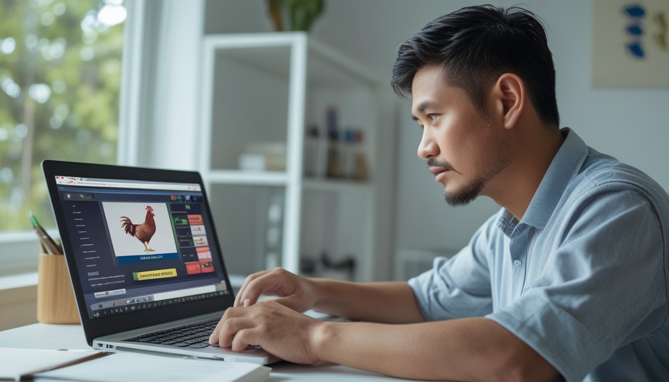 Seorang pria mempelajari tayangan di laptop di meja kerjanya.
