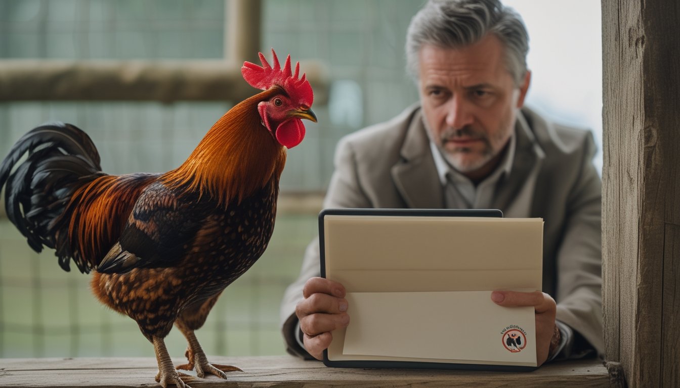 Seekor ayam jantan berada di tempat aman sementara seseorang meninjau dokumen.