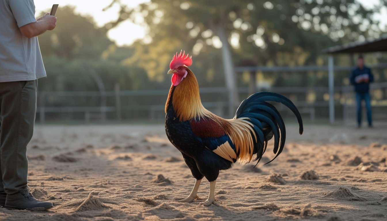 Seorang pawang mengamati ayam jantan yang berdiri tegap di halaman.