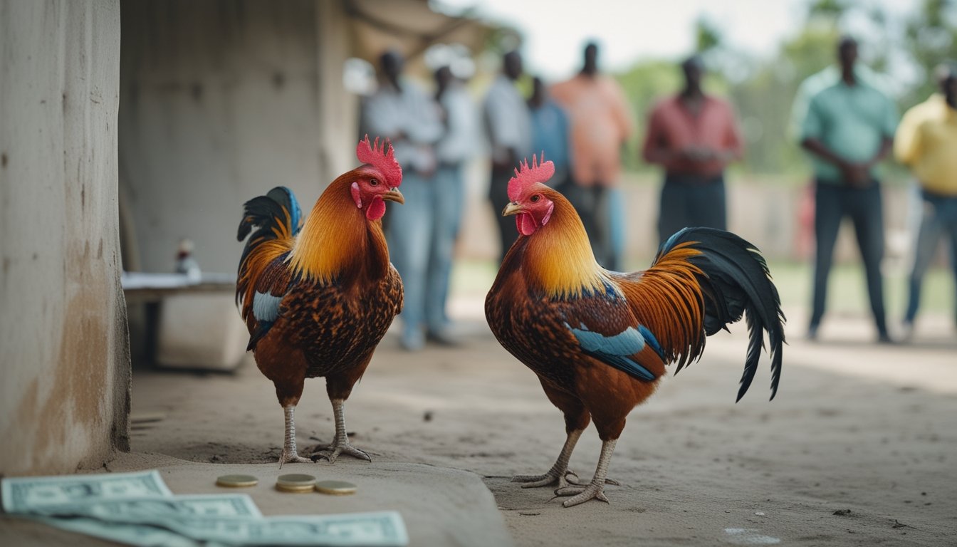 Seseorang mengamati dua ayam jantan, sementara beberapa penonton berdiri di latar belakang.